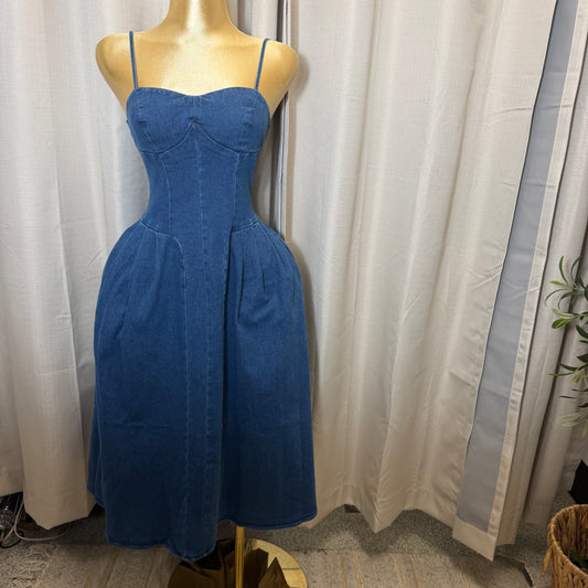 Stretch Denim Corset Midi Dress with pockets-Denim