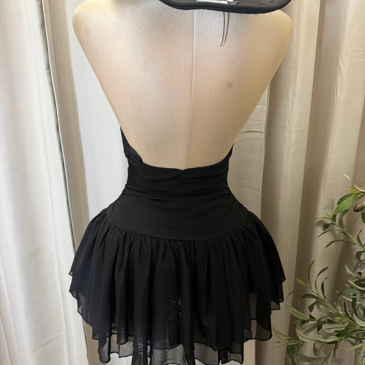 Buckle Halter Ruched Mini Fit and Flare Dress-Black
