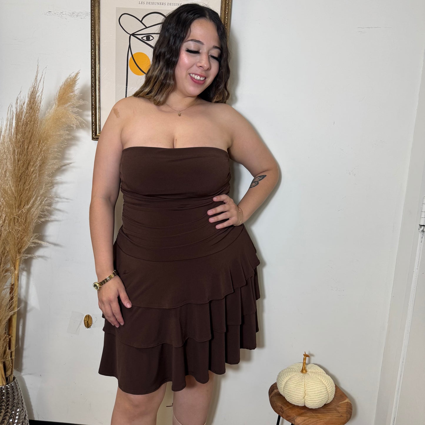 Ruffle Tube Dress-Brown