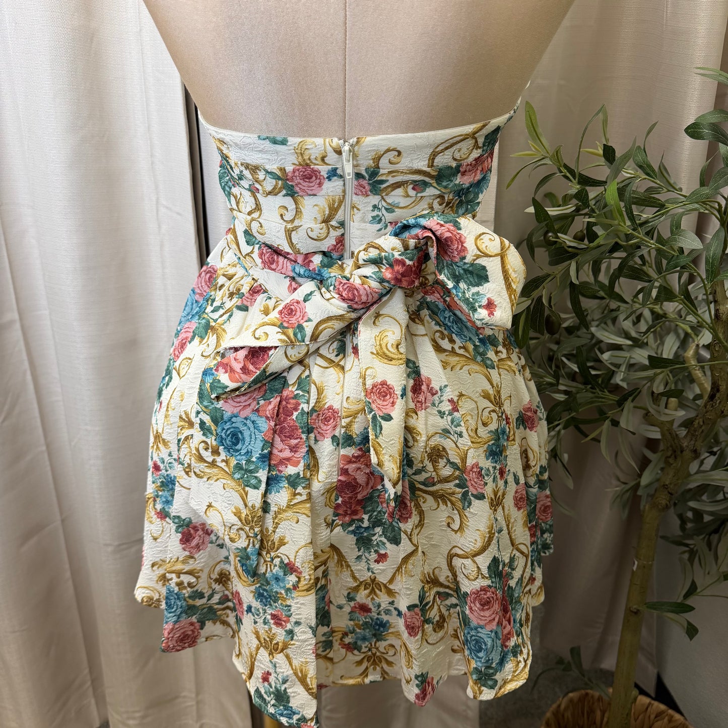 Floral pleated bow Mini Fit and Flare Dress-Multi