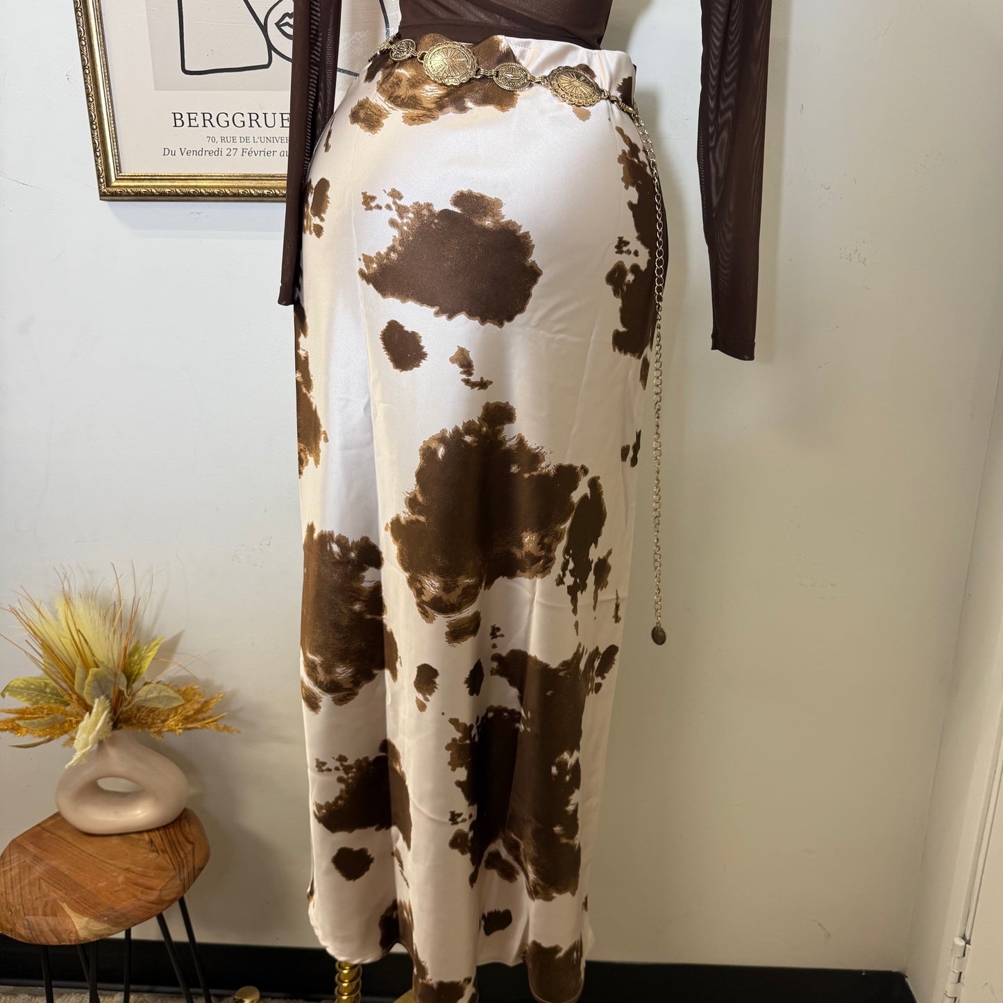 Cow Print Satin Maxi Skirt-brown