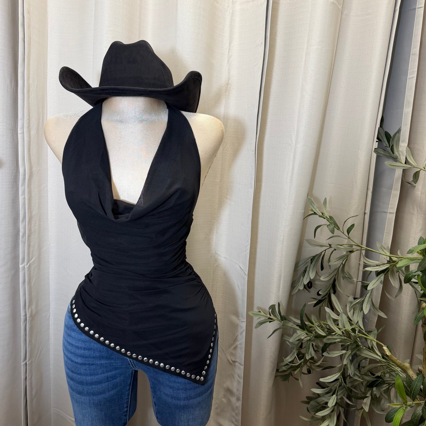 Cowl Neck Halter Ruched Top-Black
