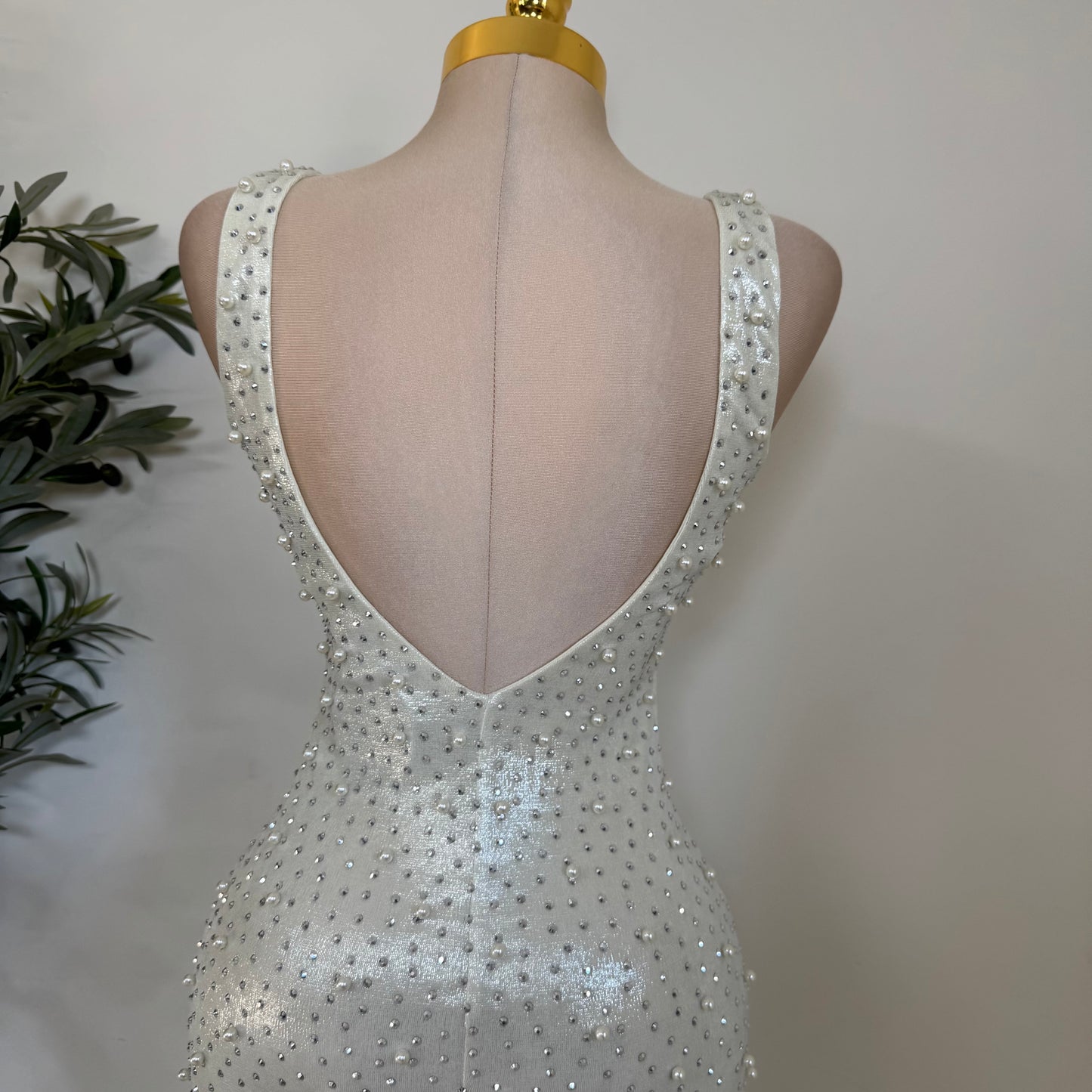 Rhinestone and Pearl beaded Midi Dress-White
