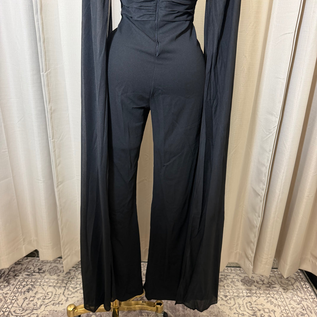 Mesh Cape Sleeve Corset Jumpsuit-Black