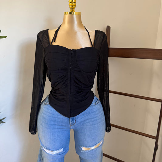 Long Sleeve Corset Top-Black