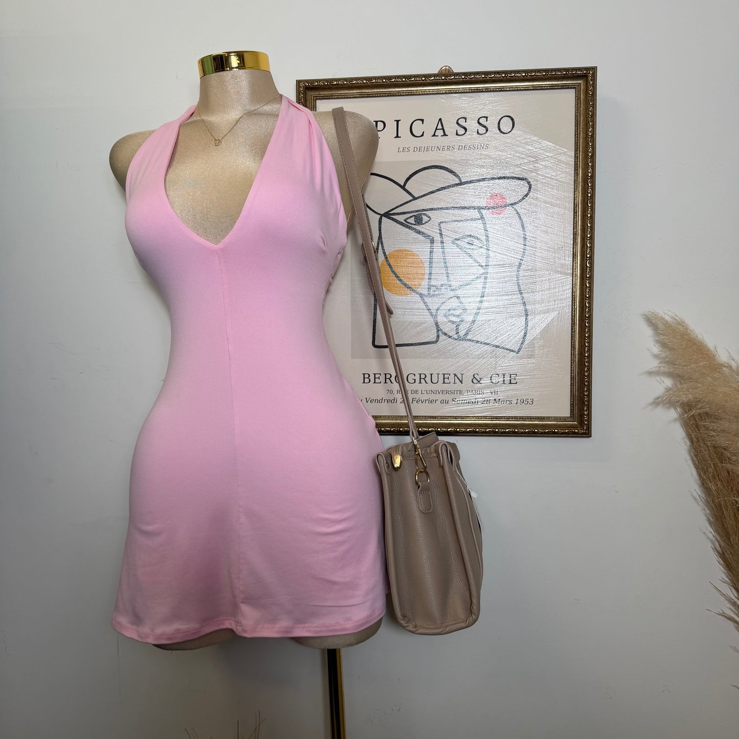 Halter Plunge V-Neck Mini Dress -Baby Pink