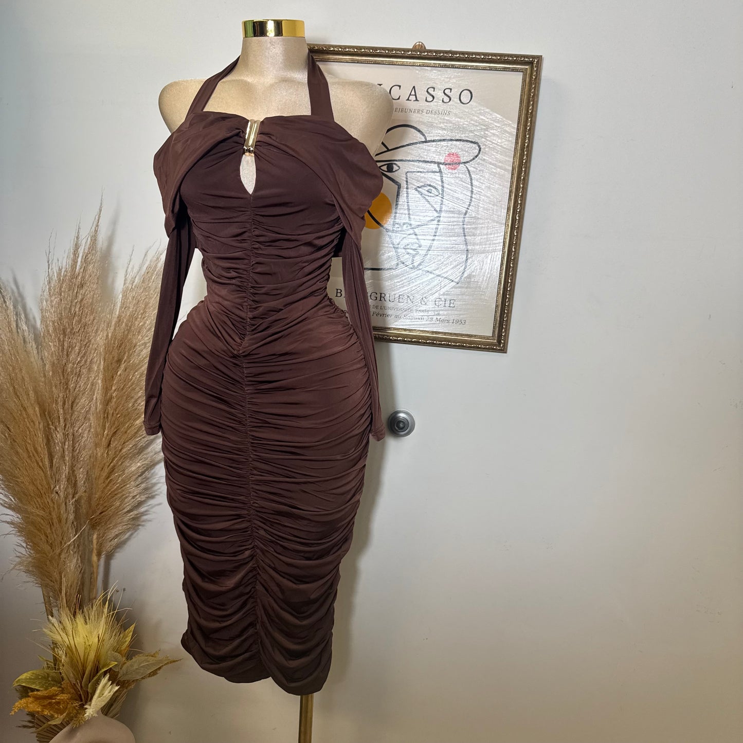 Off shoulder Long Sleeve Halter Midi Dress-Brown