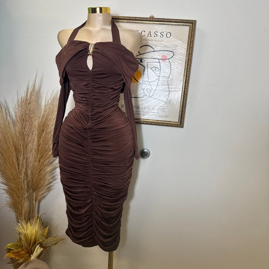 Off shoulder Long Sleeve Halter Midi Dress-Brown