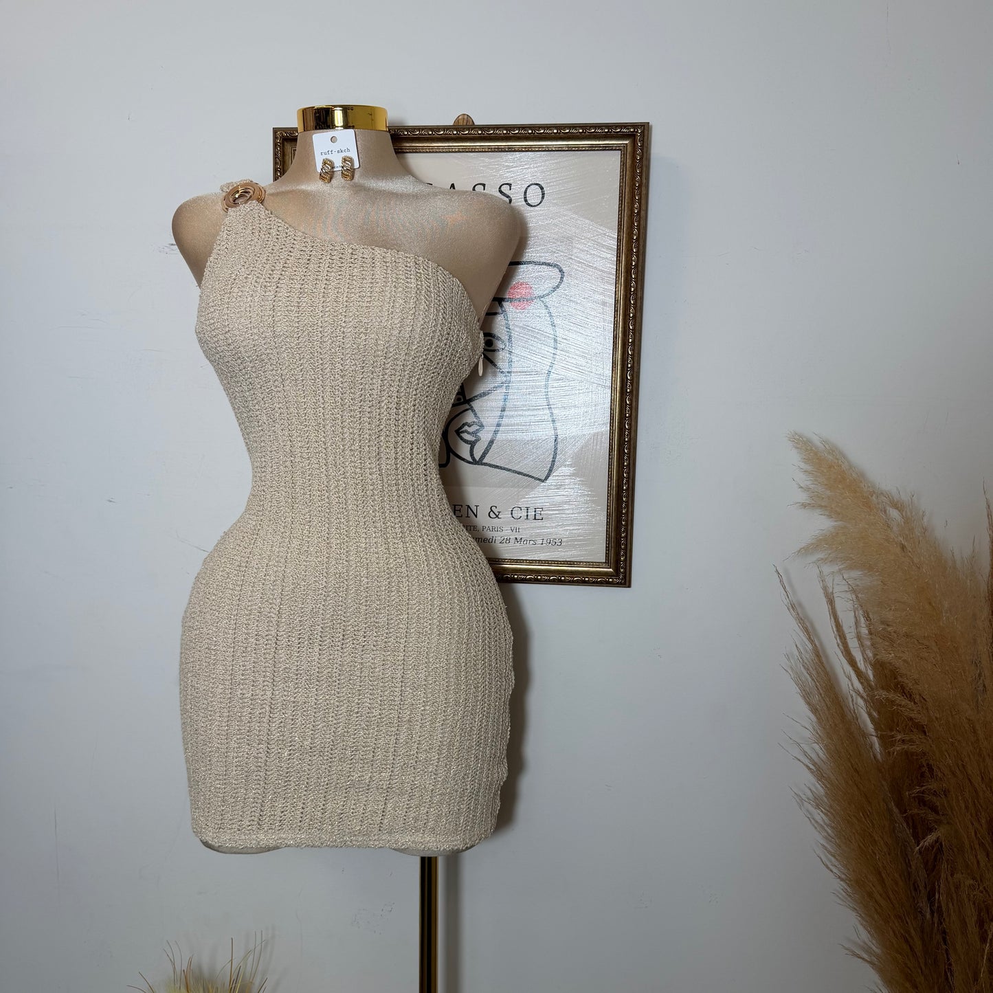 One shoulder Metallic Crochet Knit Mini Dress-Natural