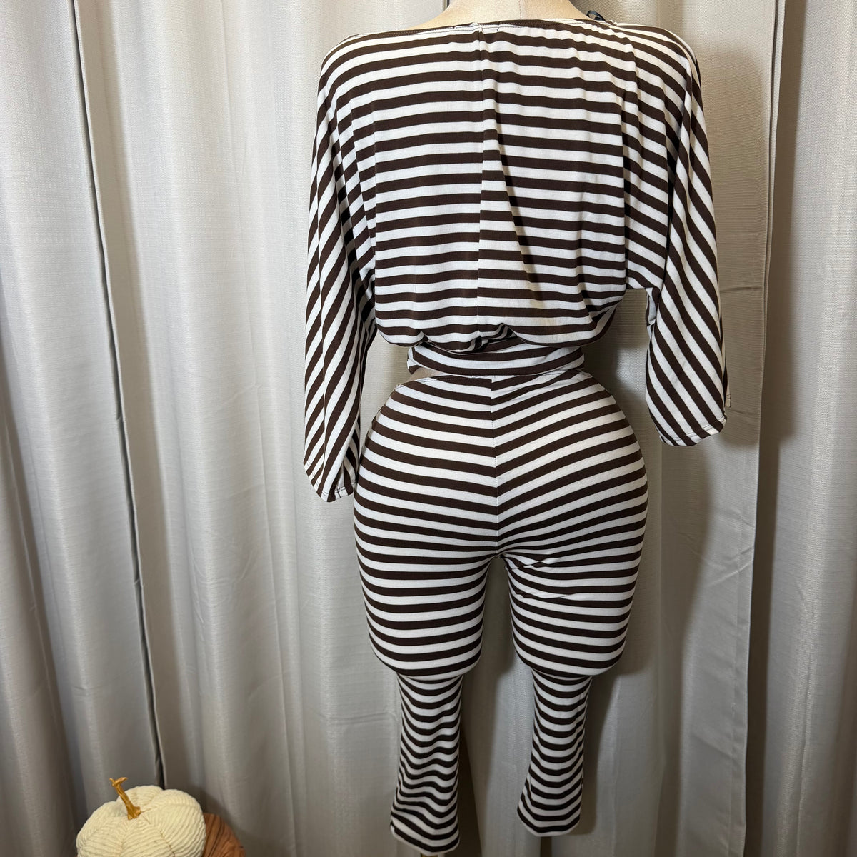 Crop Top Capri stripe set-Chestnut/Off white