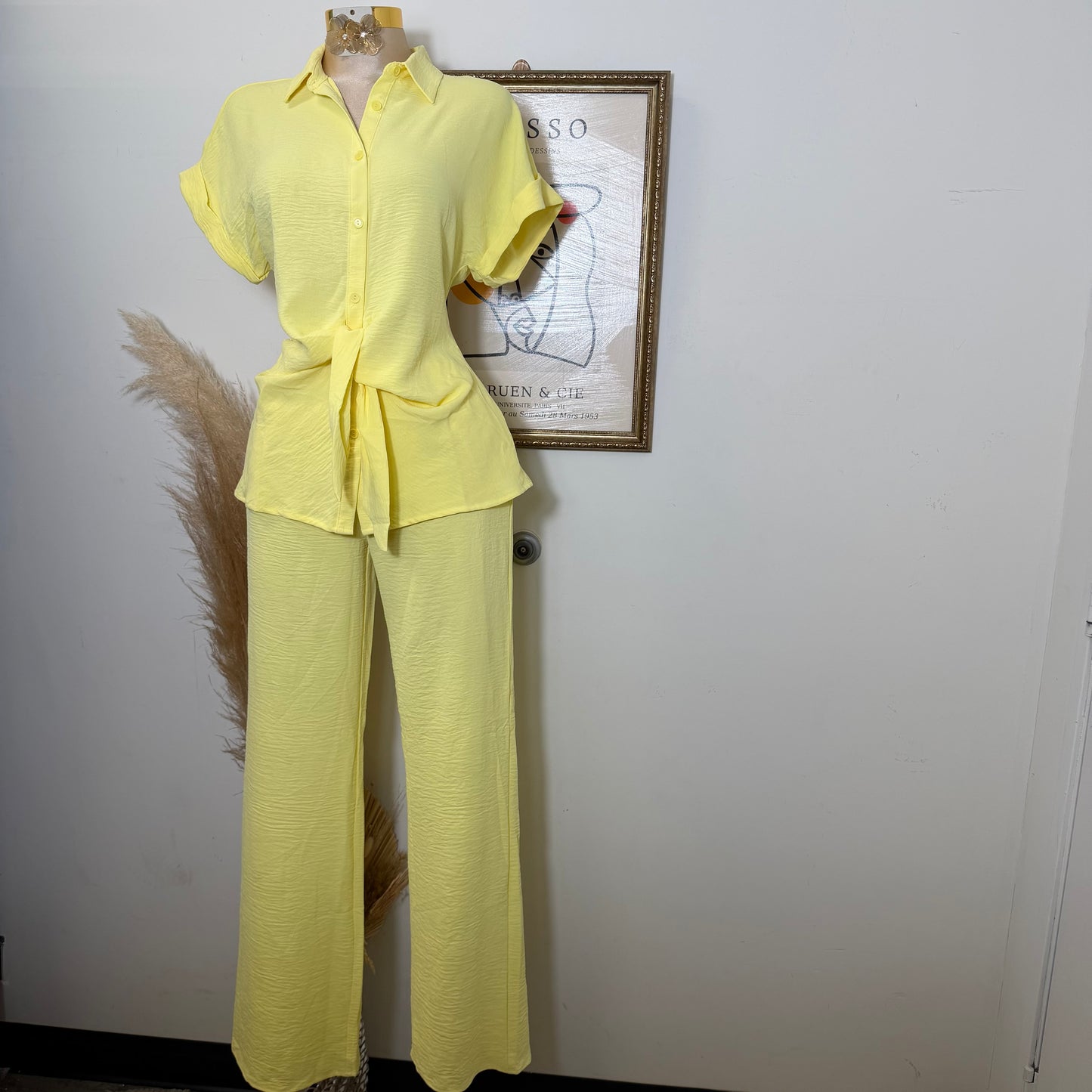 Front Knot Tie Button Down Top and Pants Set-Lt Yellow
