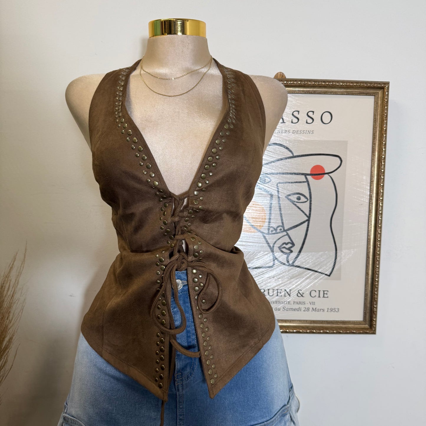 Suede Stud Detail Lace up Halter Top-Brown