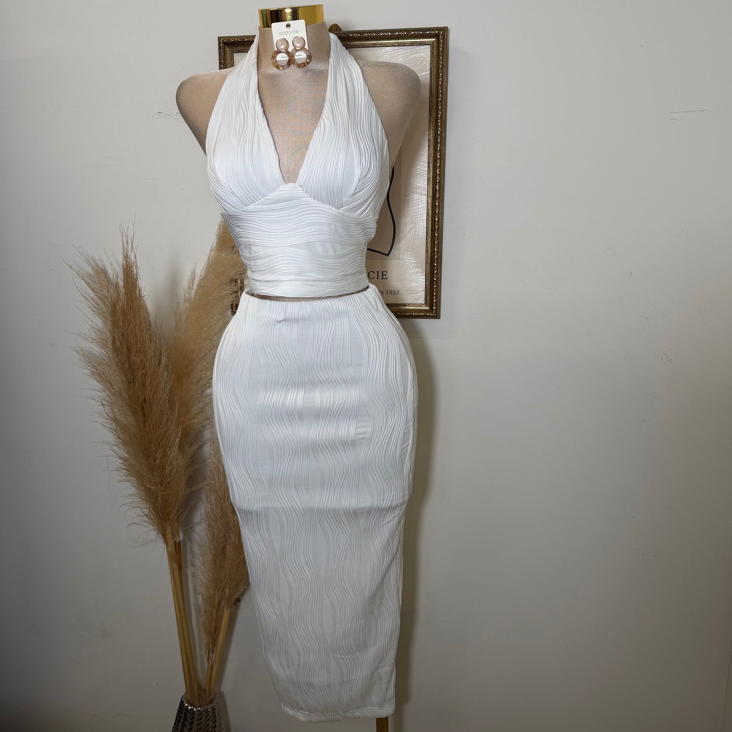 Halter Neck and Midi Skirt Set-White