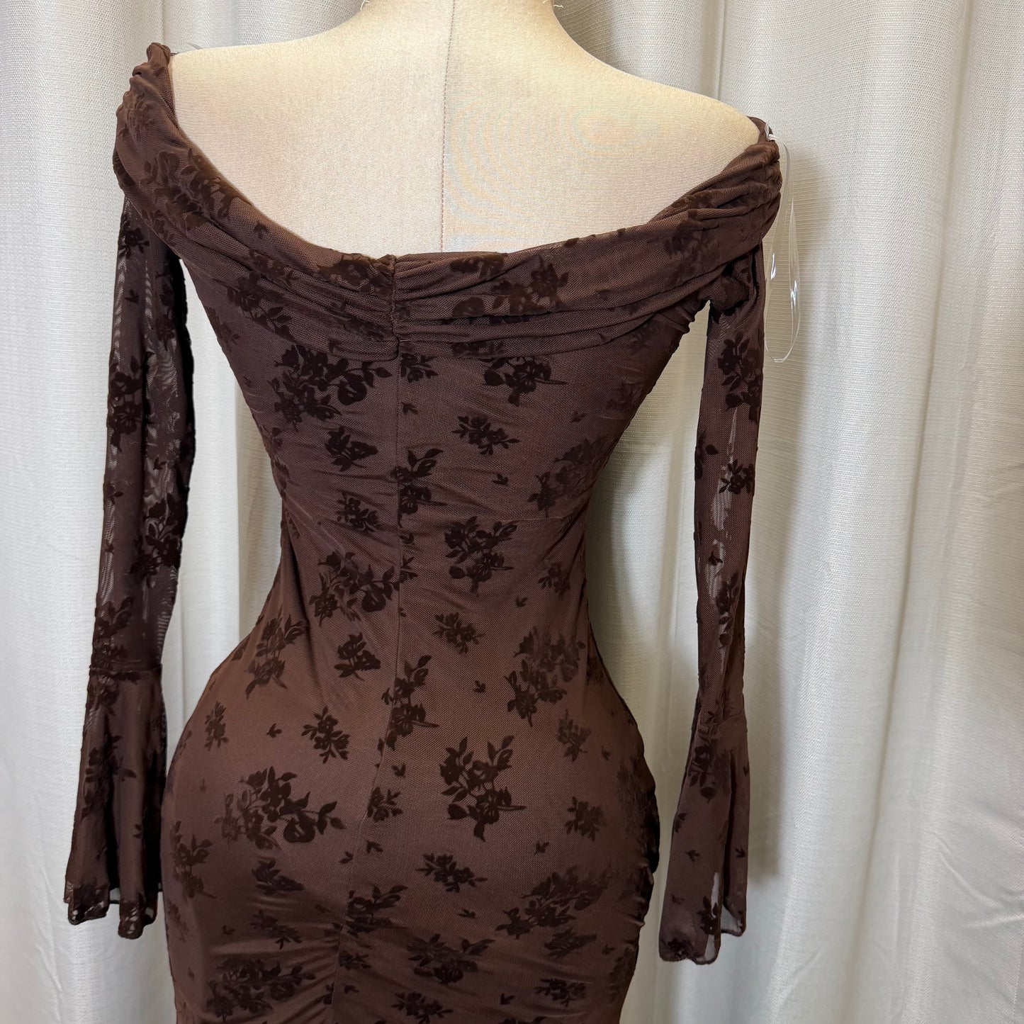 Flocked Long Sleeve Mesh off shoulder maxi Dress-Brown