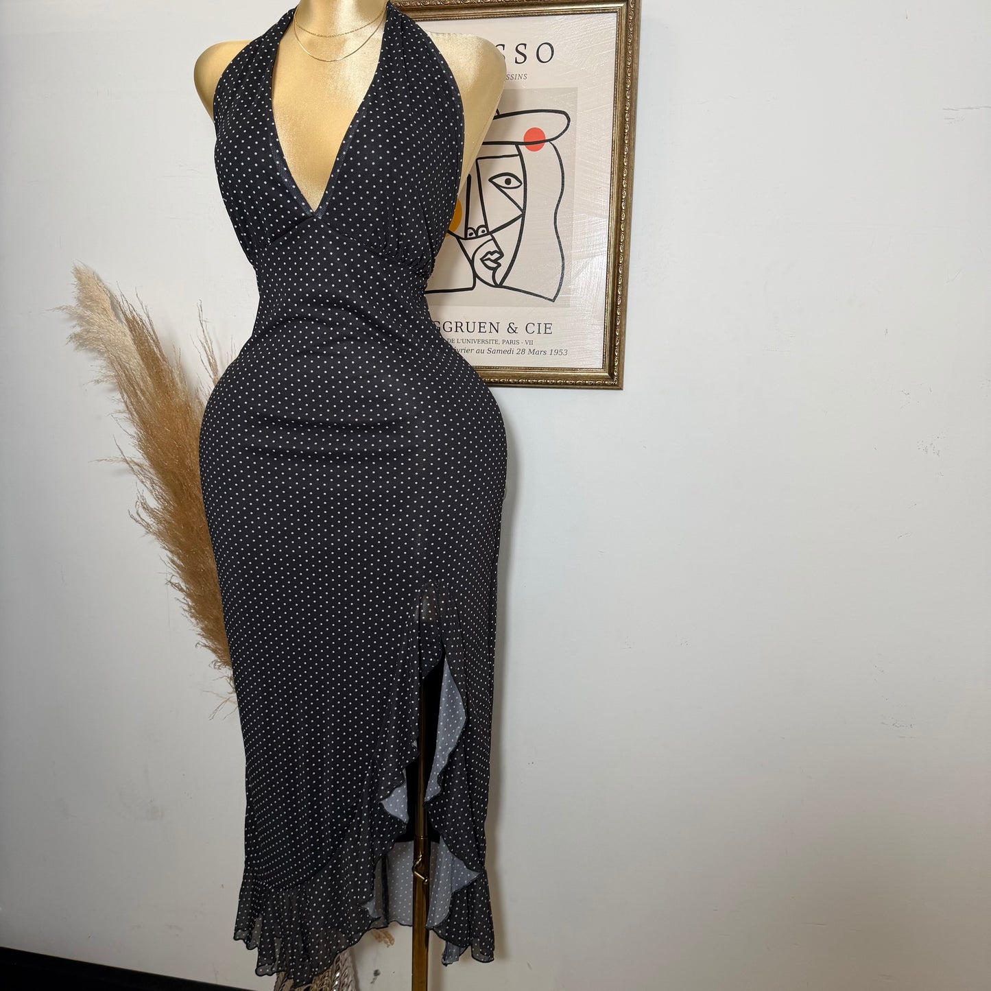 PL-Mesh Halter Maxi Dress Open Slit Dress-Black