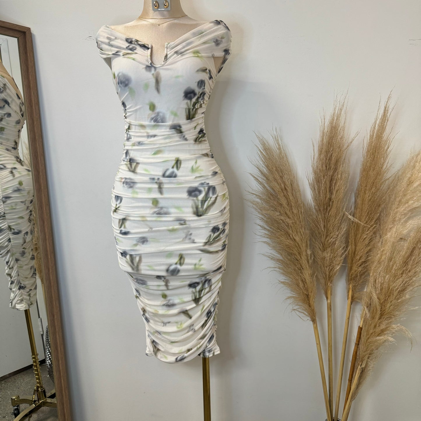 Spring Off shoulder Dress-Cream Multi