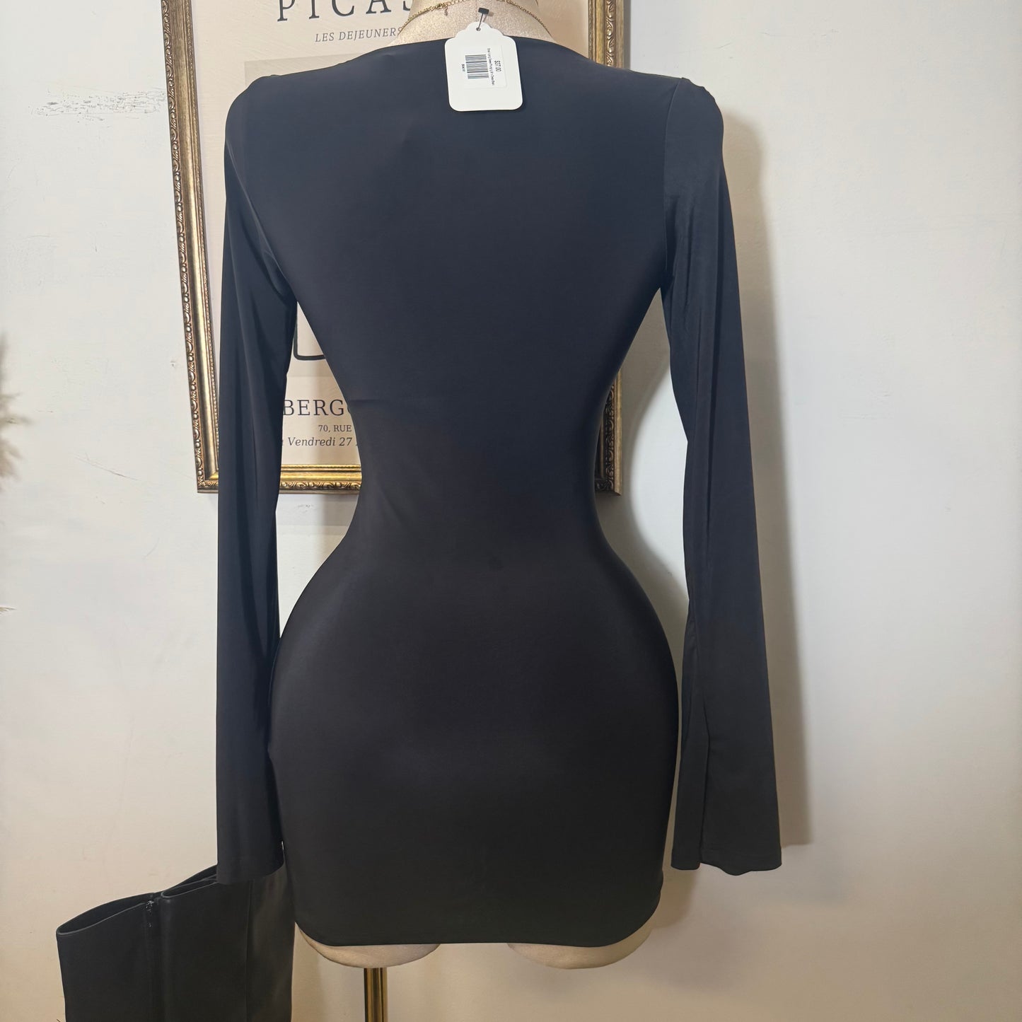 Long Sleeve Plunging Mini Dress-Black