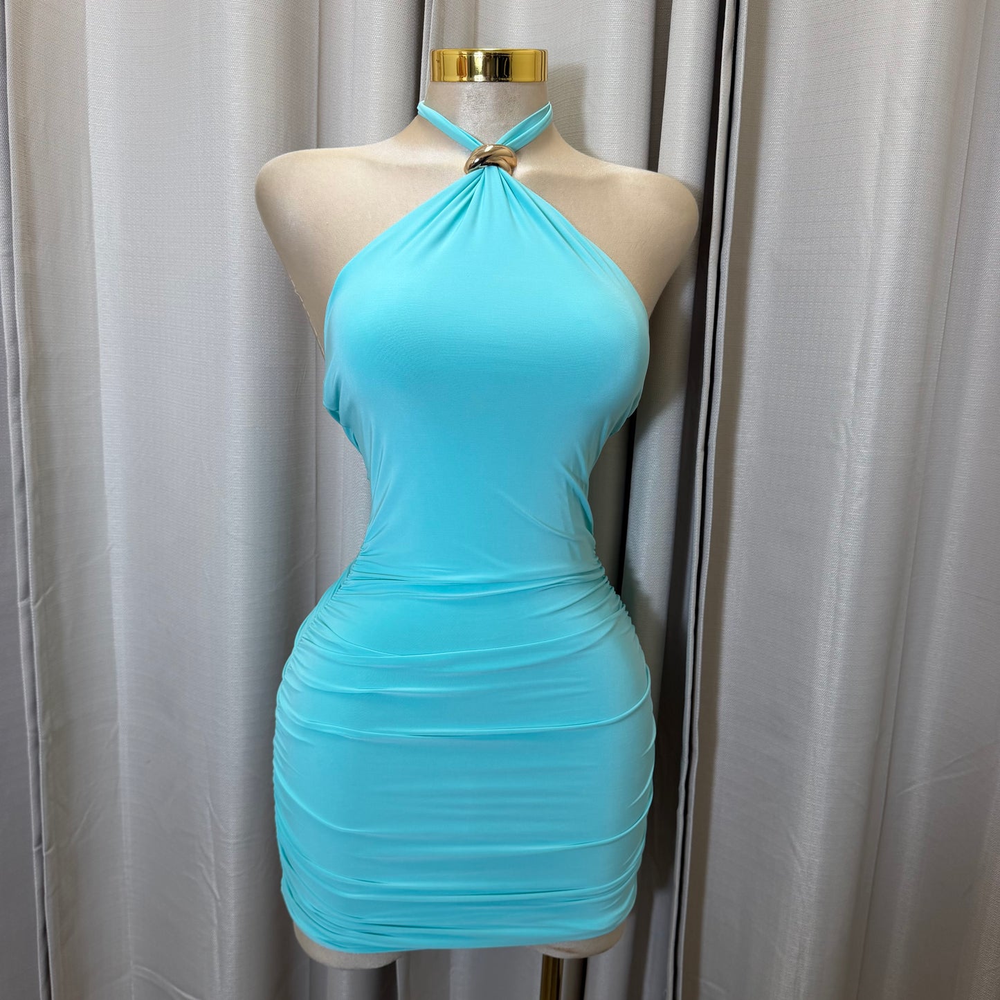 Sleeveless Halter Ruched detail with Gold -Aqua