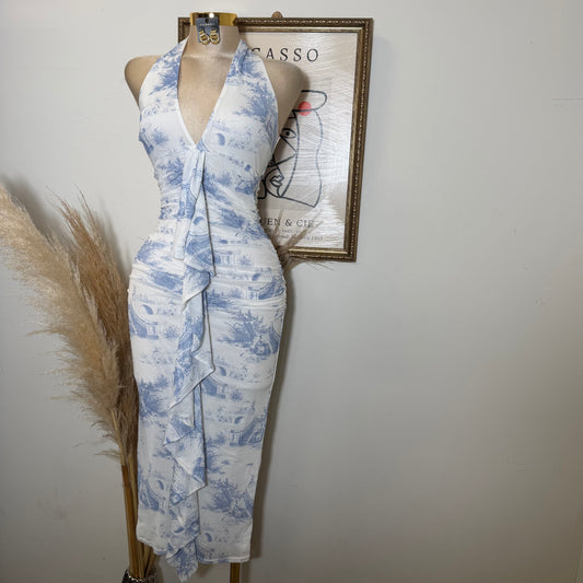 Deep plunge Halter Neck Ruched a-Line Midi Dress-Blue/White