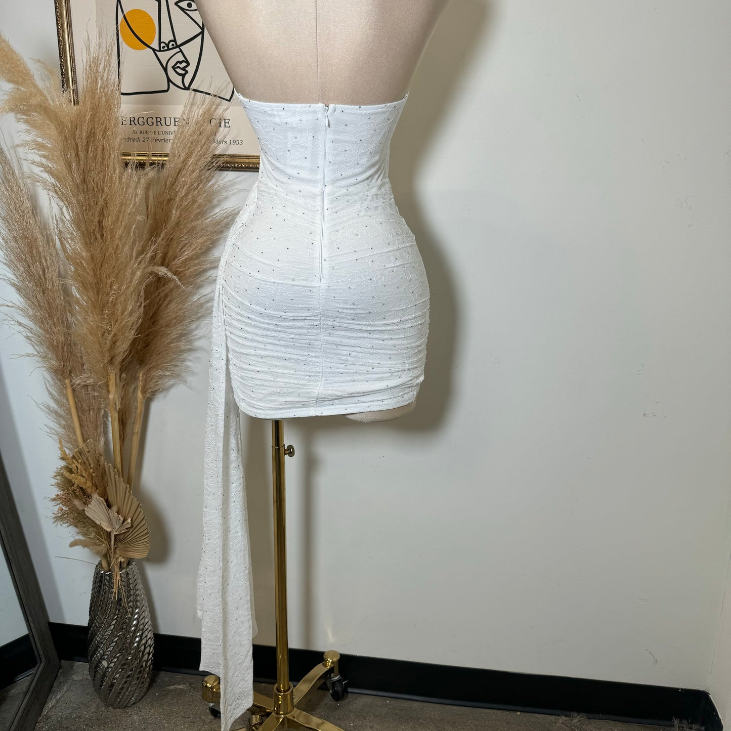 STUDD HOTFIX REGISTERED LACE STRAPLESS MINI BODYCON DRESS-White