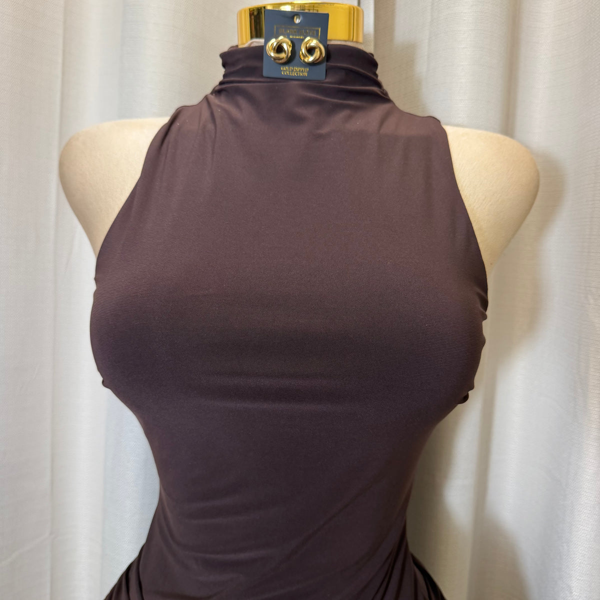 Mock Neck Front Sash With Trim Detail Mini Dress-Brown