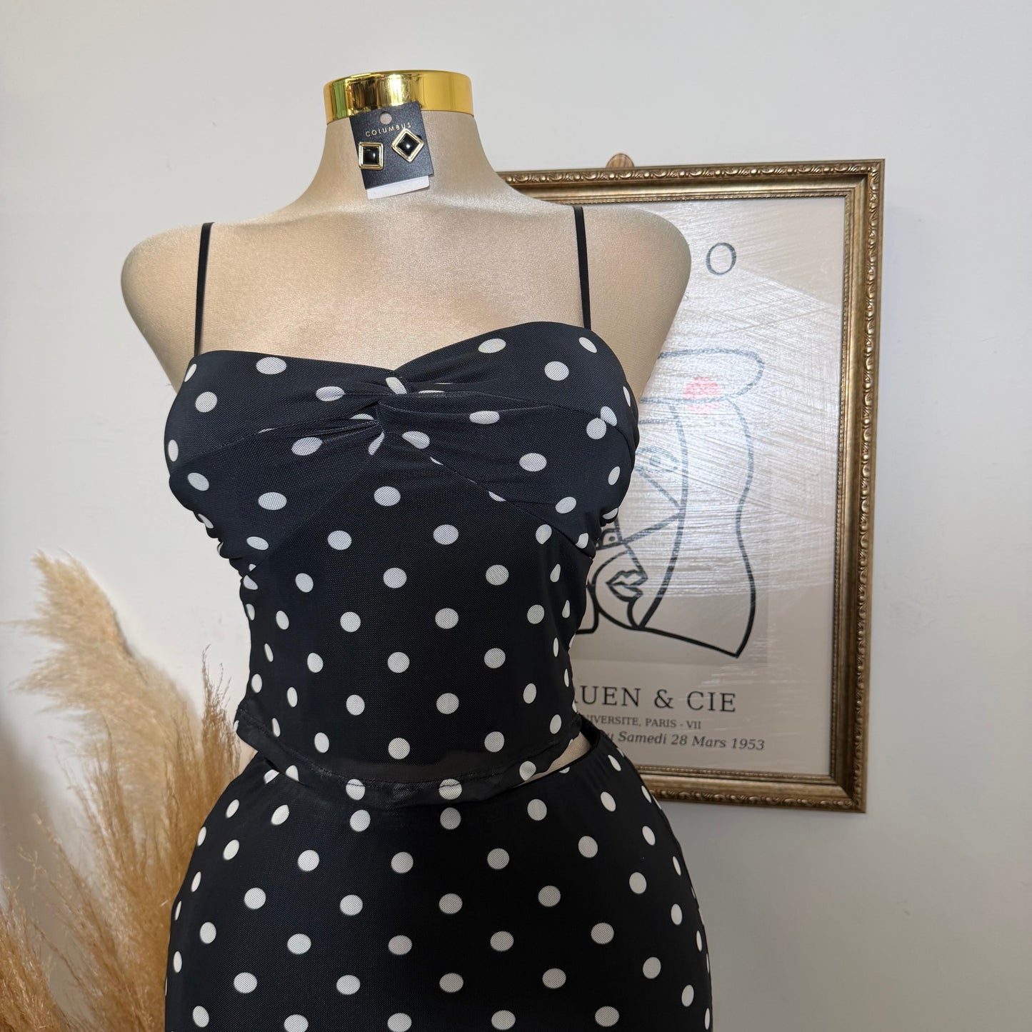 Polka DoT Mesh Print Twist Cami Top & Slit Maxi Skirt-White/Black