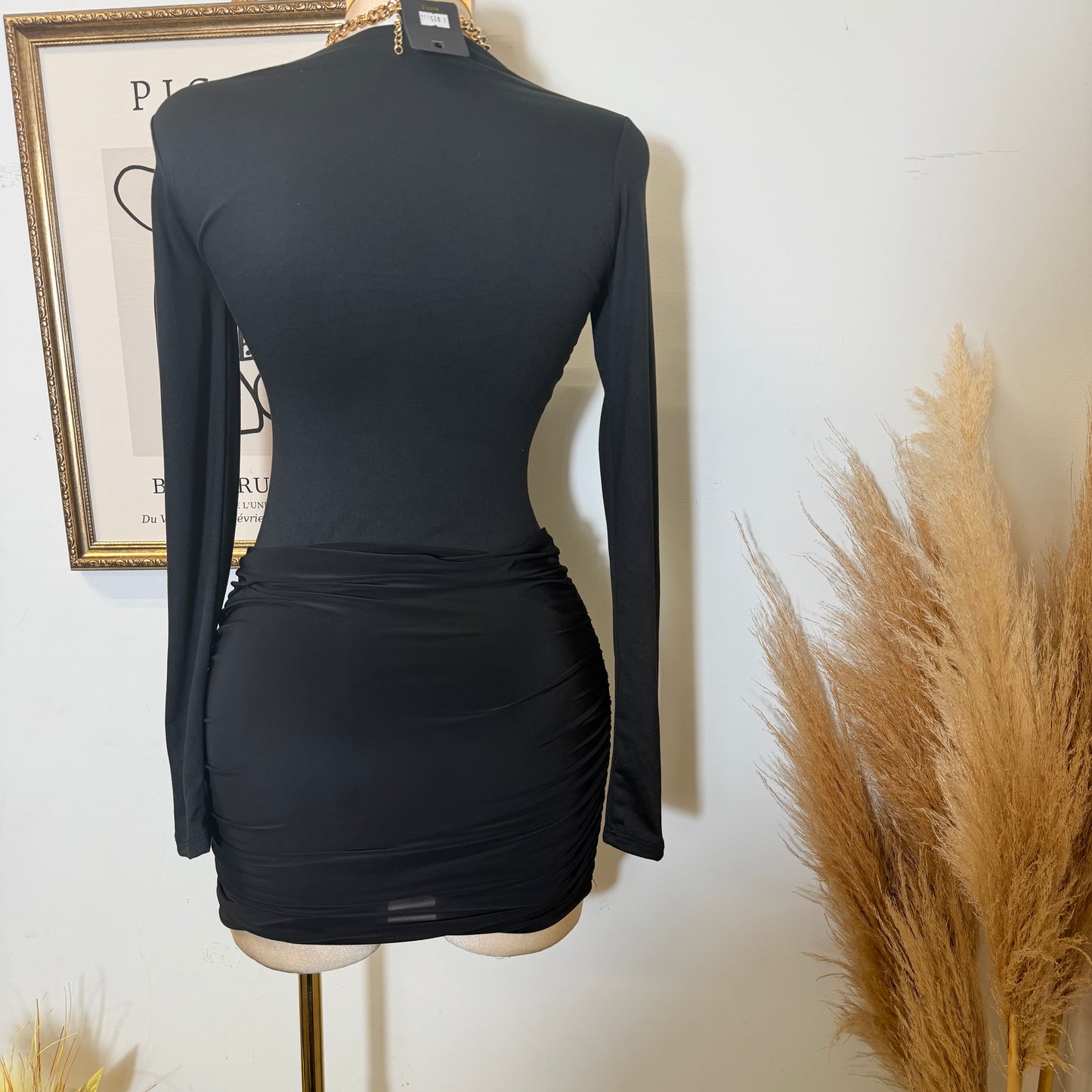Mixed Media Long Sleeve Ruched Mini Dress-Black