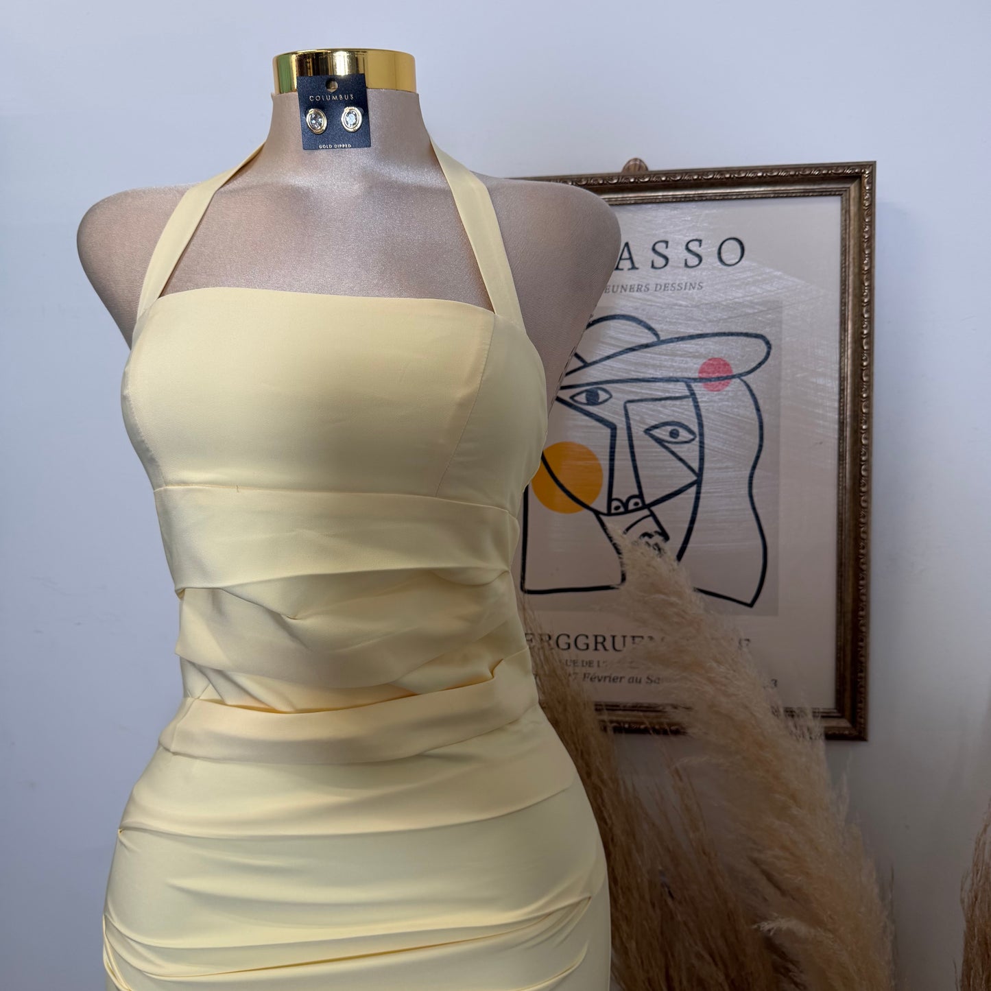 Halter Neck Structured Back Slit Maxi Dress-Baby Yellow