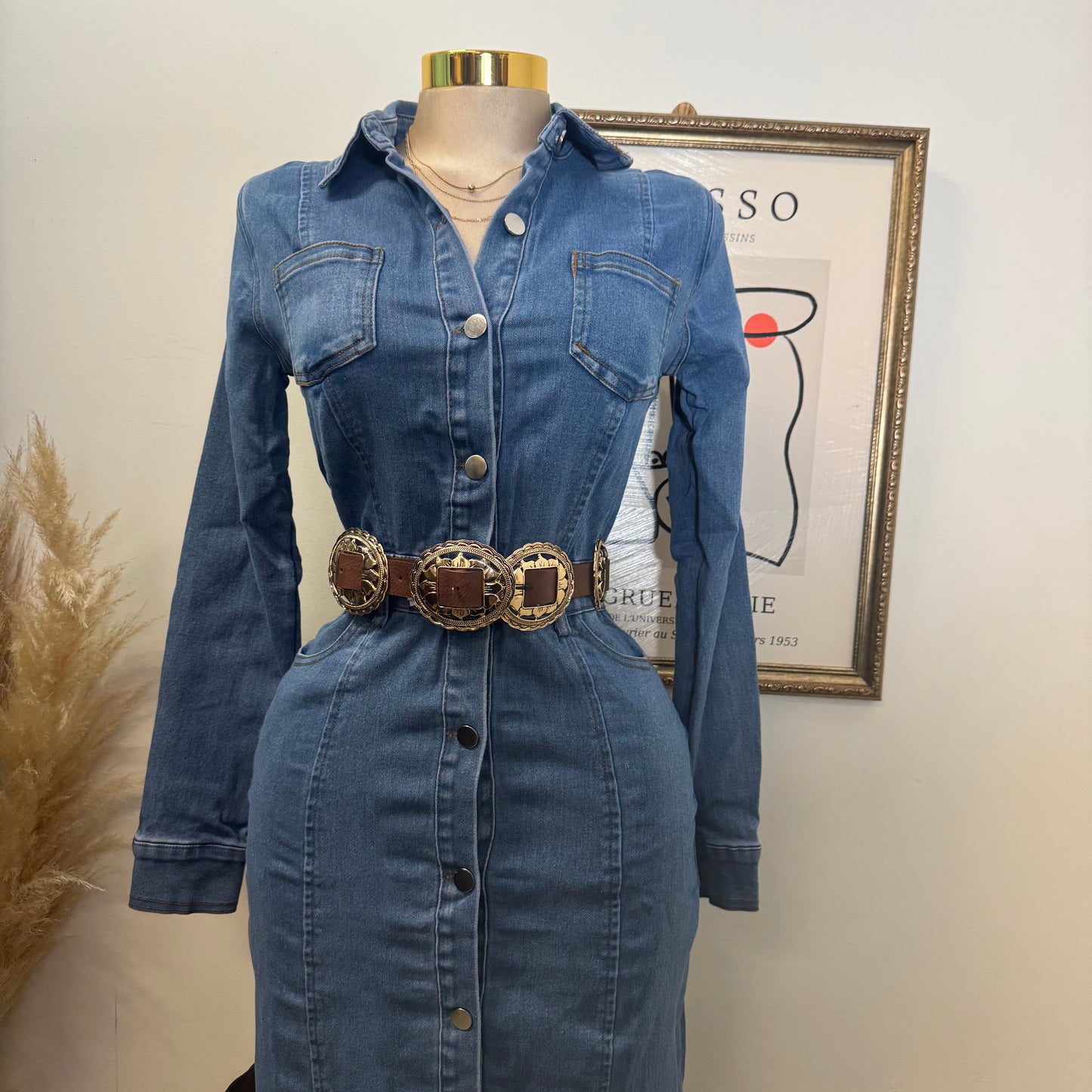 Denim Button Long Dress-Medium Wash