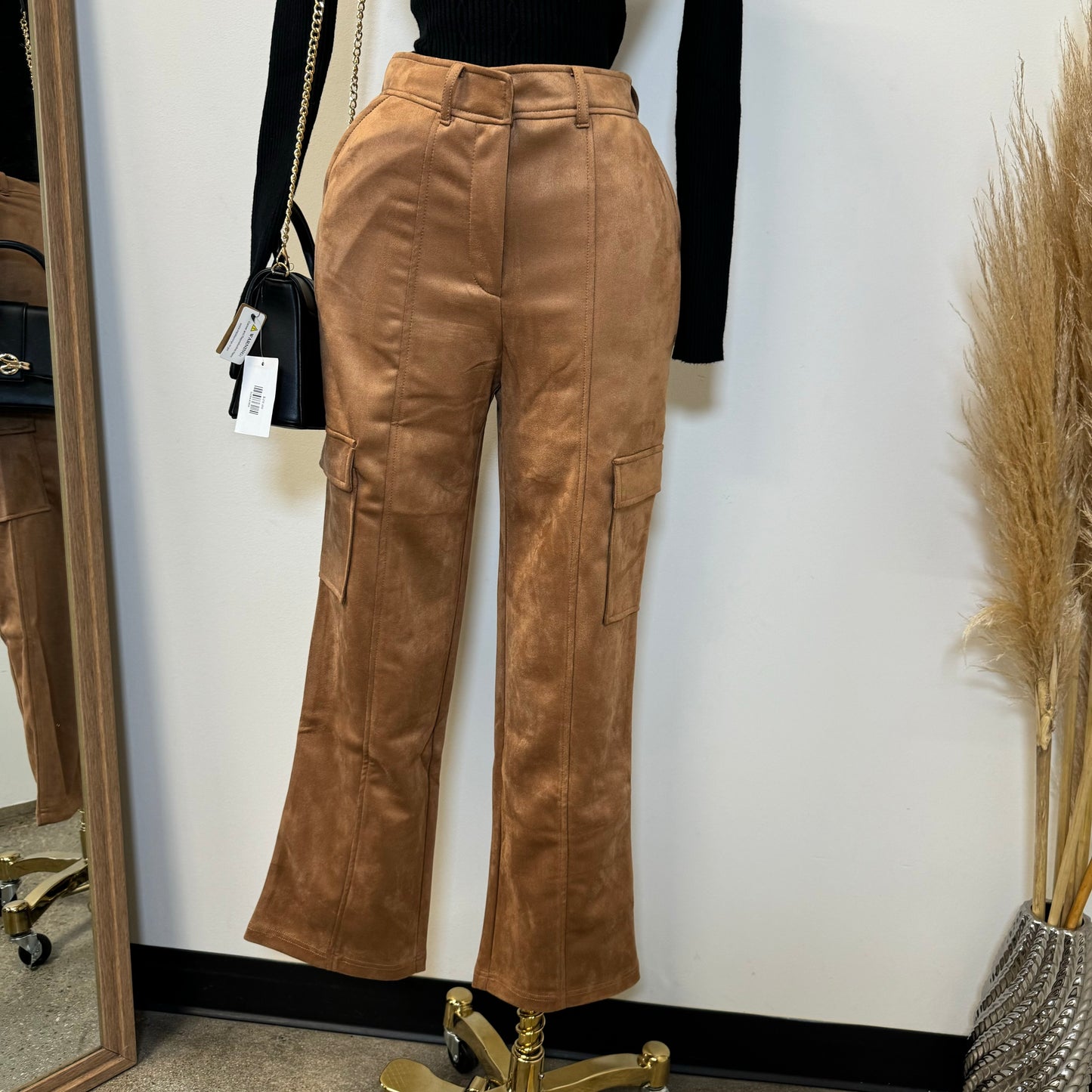 Yuli Suede Cargo Pants-Camel