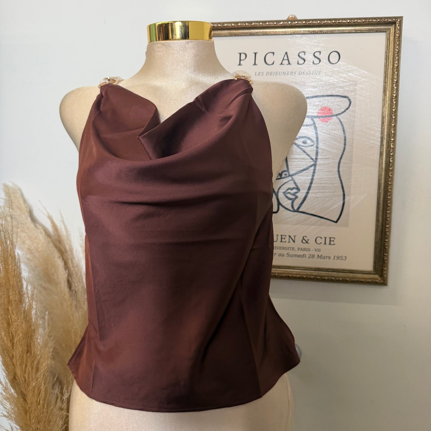 Satin Cowl-Neck Top w/ Gold Ring Details-Brown