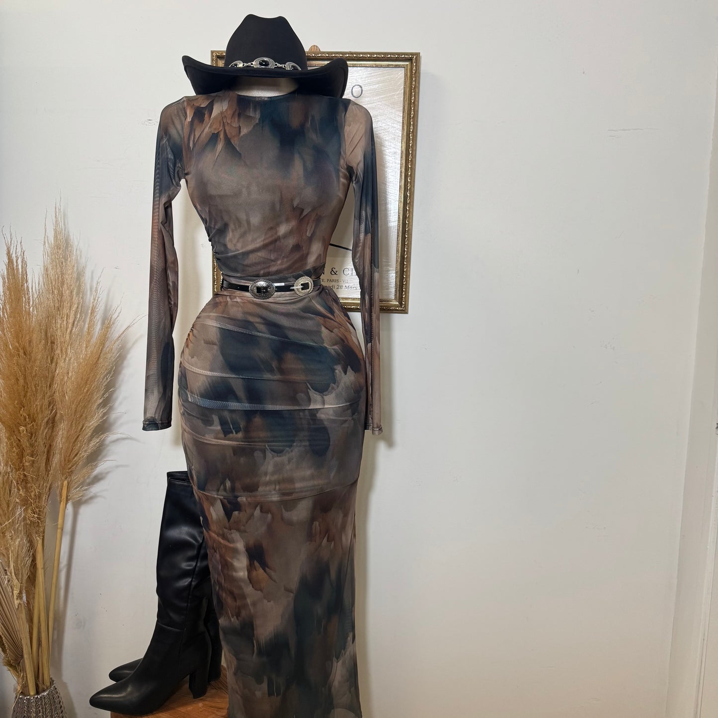 Multi Colored Mesh Maxi Dress-Brown Combo