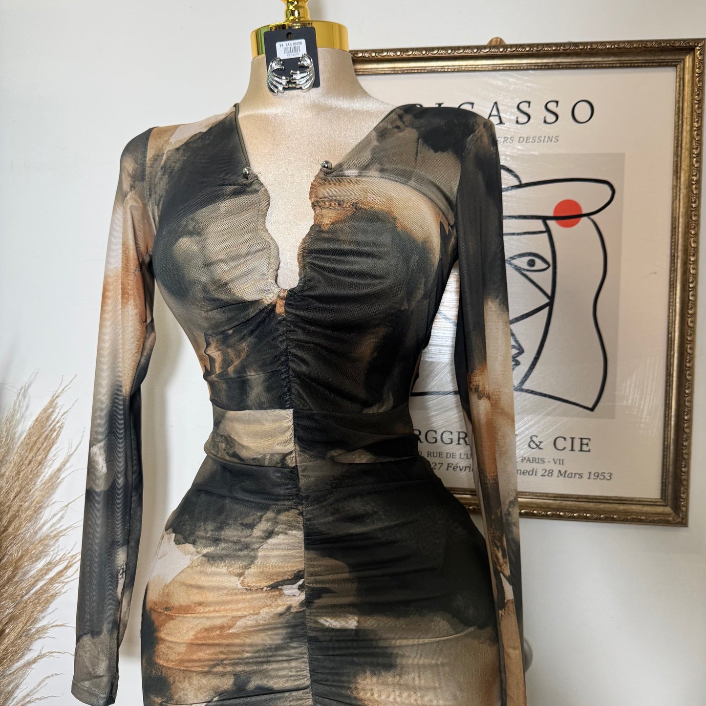 Multi Colored Mesh With trim Midi Dress-Olive