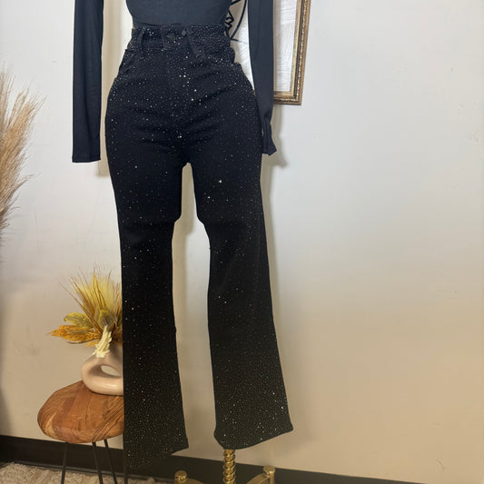 Nye Rhinestone Flare Pants-Black