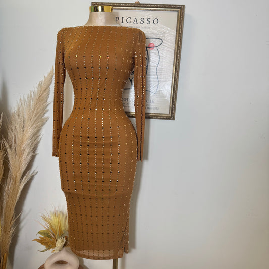 Square Rhinestone On Mesh Midi Dress-Mocha