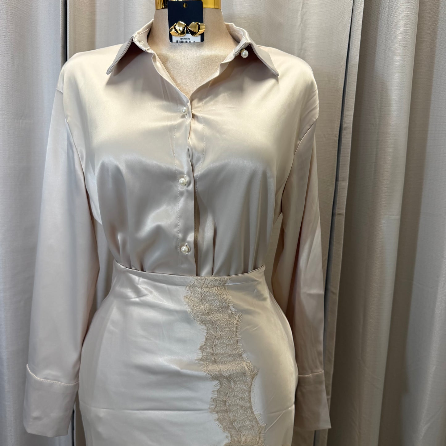 Satin Long Sleeve Top with Lace Skirt-Beige/Cream/White