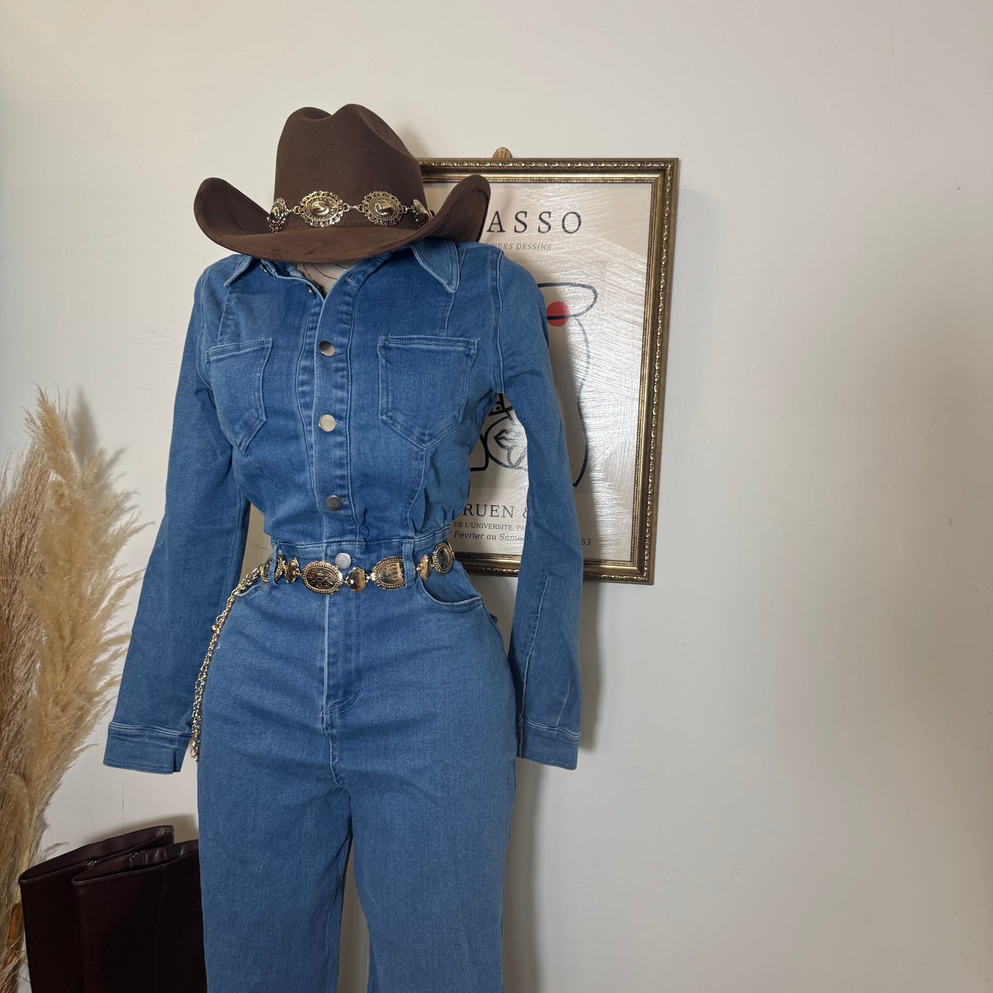 Denim Button Long Sleeve Jumpsuit -Medium Wash