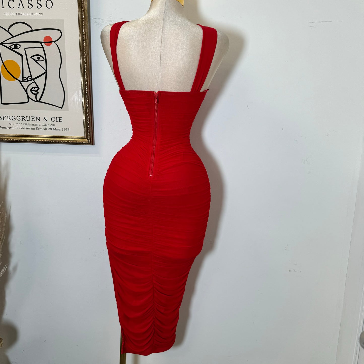 Inara Mesh Twist Halter Neck Midi Dress-Red