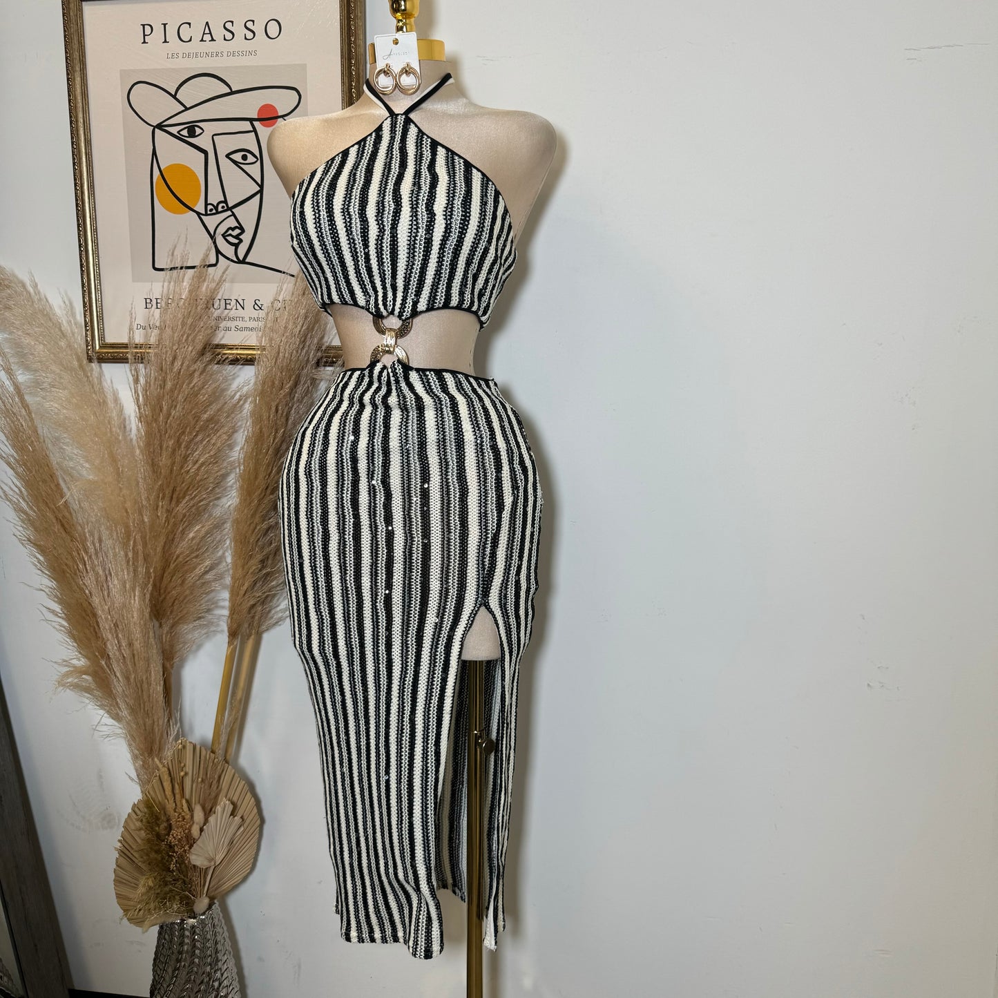 Solid Cut & Sew Knit Cut Out Waist Tie Neck Midi Dress-Black/Oat