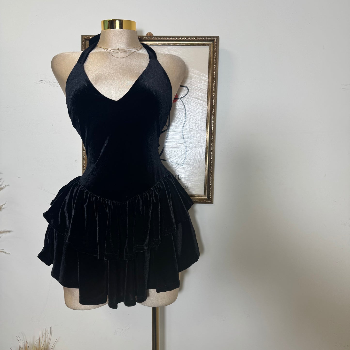 Velvet Halter Double Layer Fit and Flare Dress-Black