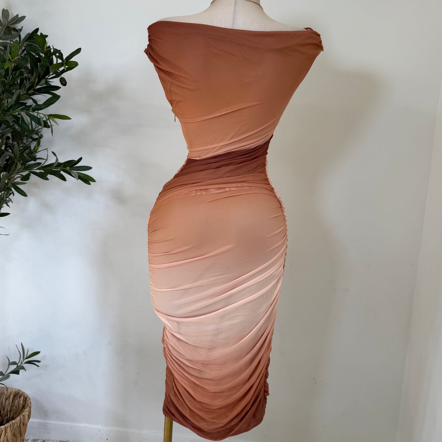 Ombré Mesh Print Asymmetrical Draped Mini Dress-Sunset