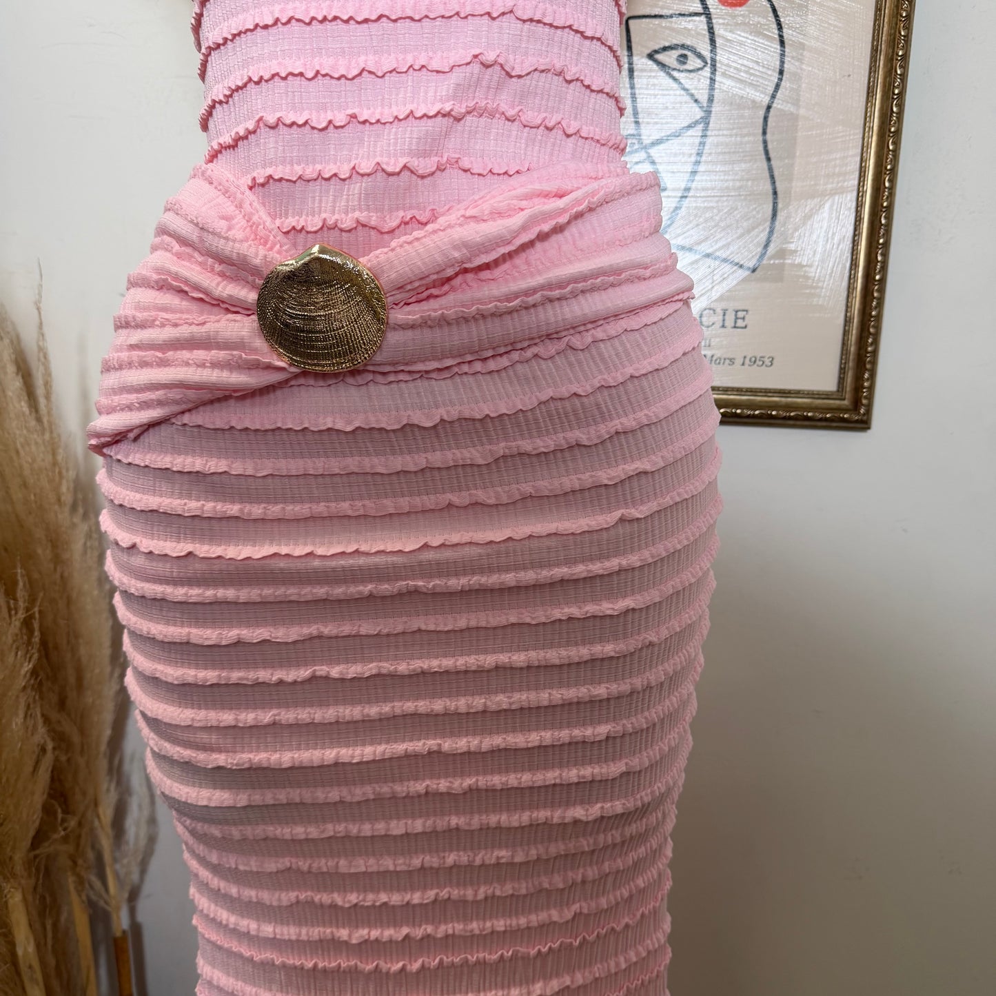 Textured Solid Off shoulder Maxi dress-Pink