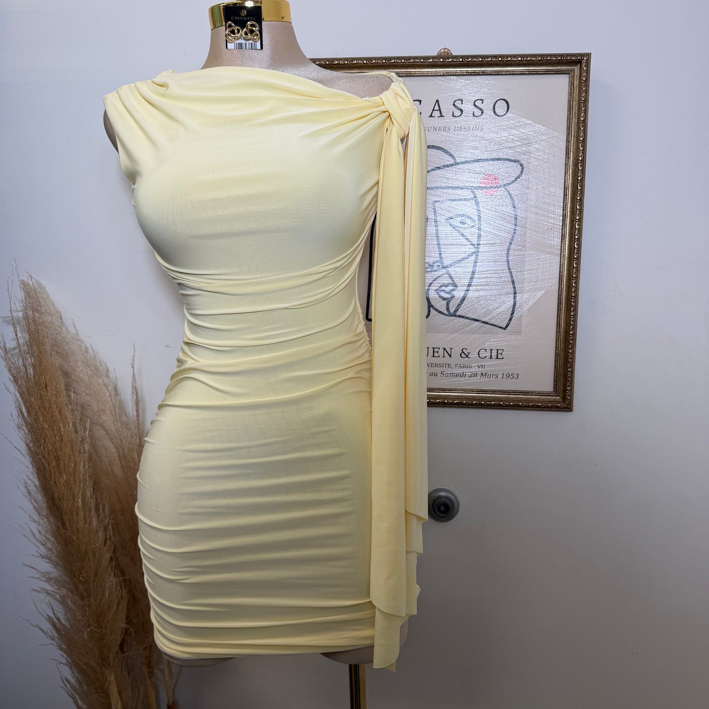 Off Shoulder Ruched Side Tie Mini Dress-LT Yellow