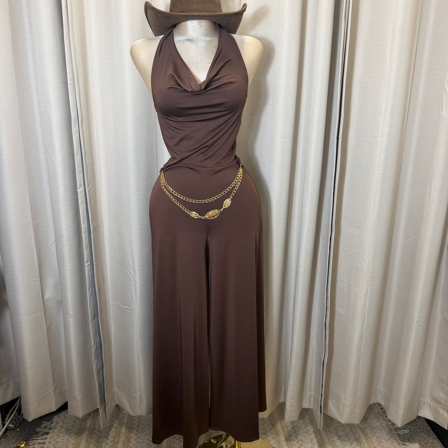 Cowl halter Neck Flare Jumpsuit-Brown