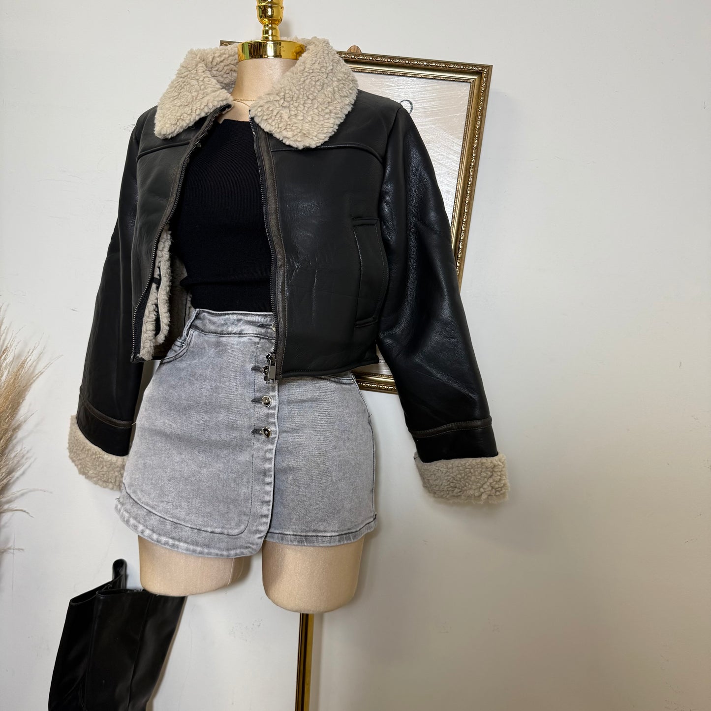 Sherpa lined Leather Jacket-Black