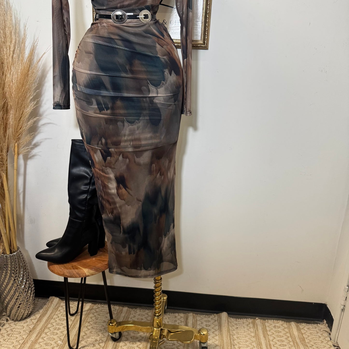 Multi Colored Mesh Maxi Dress-Brown Combo