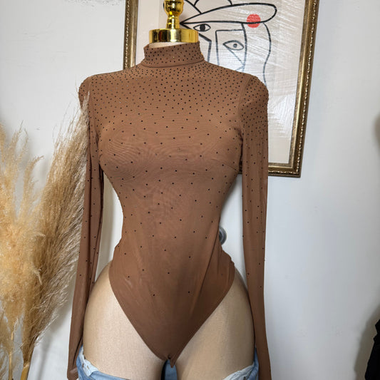 Chic Rhinestone Embellished Mock Neck Bodysuit Top-Mocha