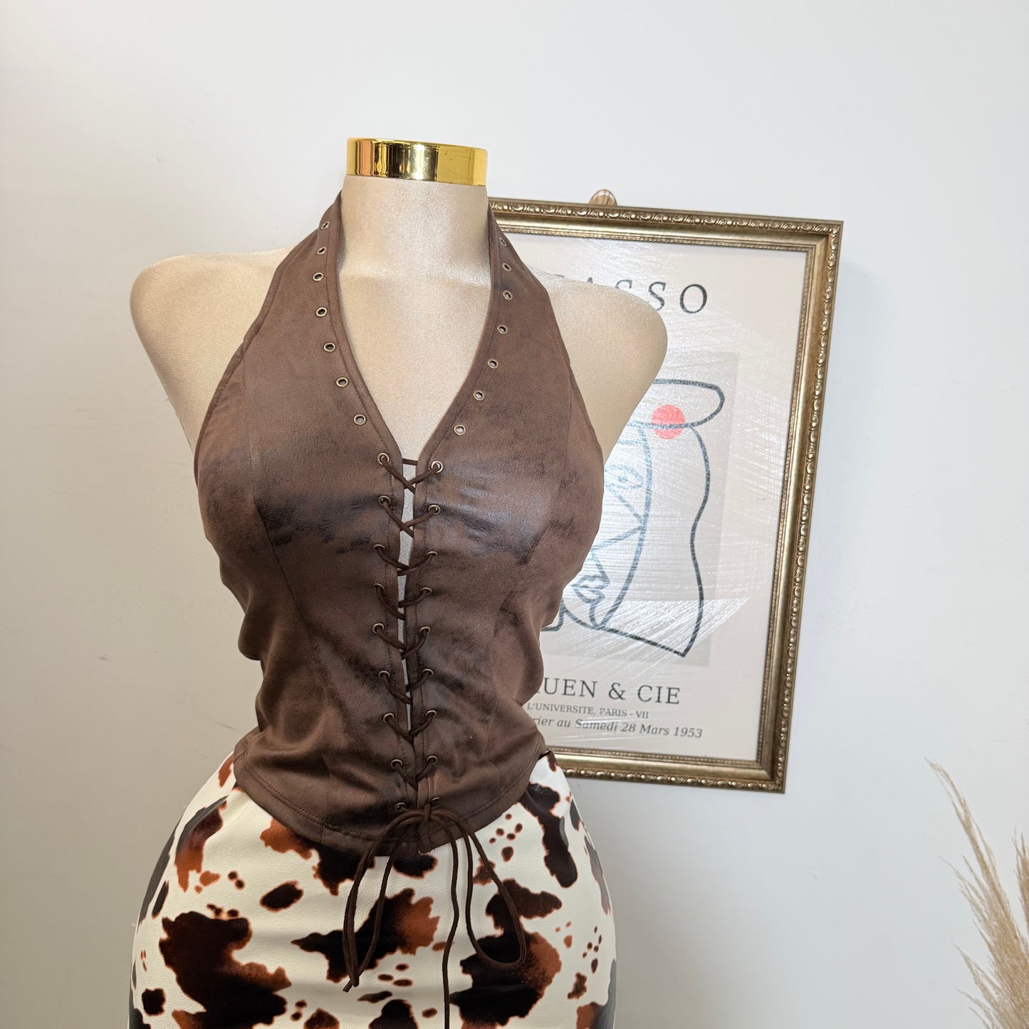 Tie Front Suede Crop Top-Chocolate
