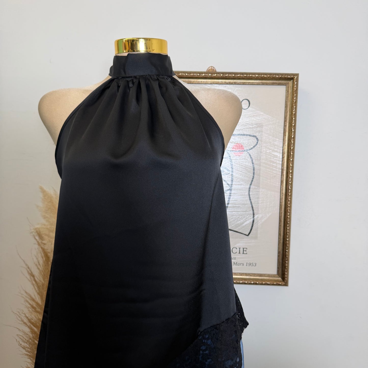 Satin Lace Asymmetrical Top-Black