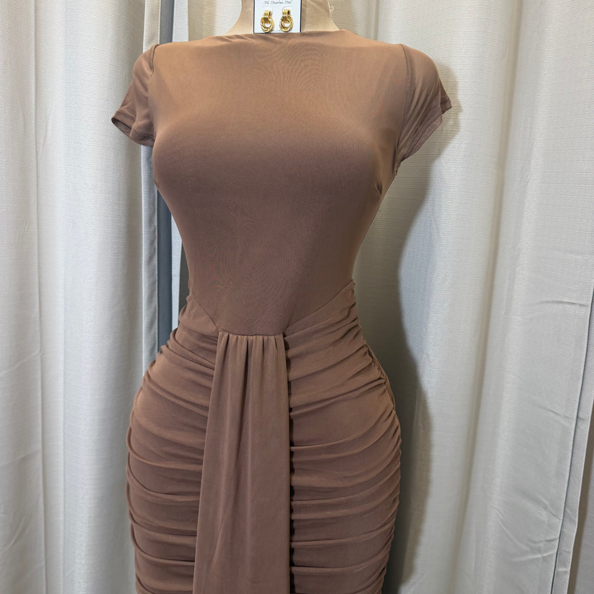 Short Sleeve Solid Mesh  Maxi Dress-Brown